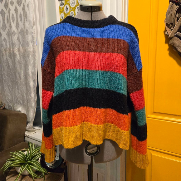 Urban Outfitters XS Striped Colorblock Fuzzy Oversized Crop Sweater - Picture 1 of 3